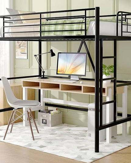 VECELO Metal Loft Bed Twin Size, Heavy Duty Bedframe with Removable Ladder and Safety Guardrail, Space-Saving, Noise Free, No Box Spring Needed, Black - LeafyLoom