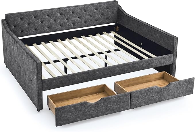 Queen Size Upholstered Tufted Daybed with Two Pull Out Drawers Bed, Button Polyester on Back, Waved Shape Arms,No Need Boxing Spring, for Bedroom, Living Room, Grey - LeafyLoom