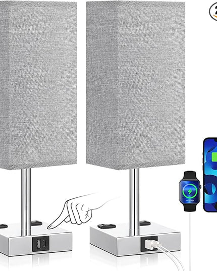 aooshine Gray Set of 2 Touch Lamp with USB Port-Nightstand Lamp with USB-C+A Charge Ports& AC Outlets, 3-Way Dimmable Bedside Lamp with Shade,Small Table Lamp for Bedroom Living Room(Bulb Included) - LeafyLoom
