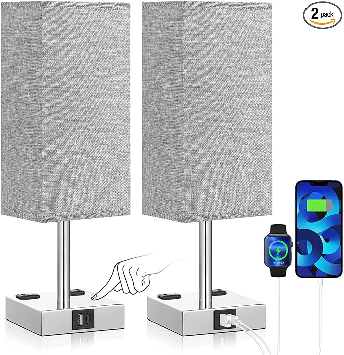 aooshine Gray Set of 2 Touch Lamp with USB Port-Nightstand Lamp with USB-C+A Charge Ports& AC Outlets, 3-Way Dimmable Bedside Lamp with Shade,Small Table Lamp for Bedroom Living Room(Bulb Included) - LeafyLoom