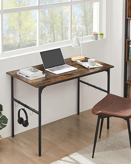VECELO 44" Computer Writing Desk for Home Office, Study Table Workstation for Small Spaces with 6 Hooks & Adjustable Legs, Metal Frame,Brown, 44Inches - LeafyLoom