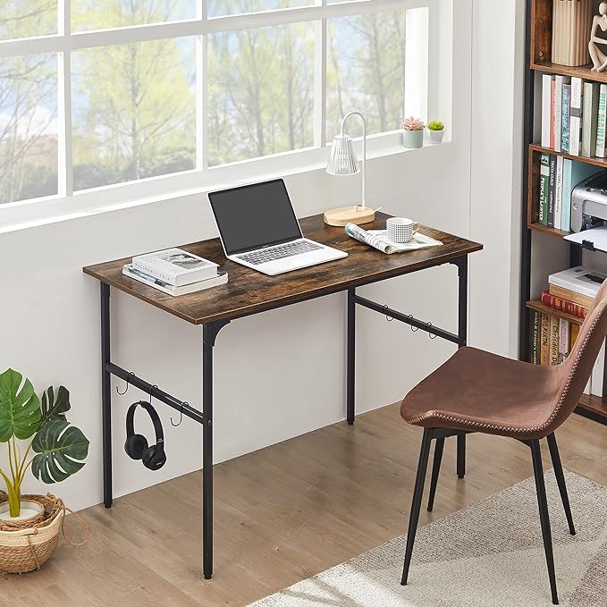 VECELO 44" Computer Writing Desk for Home Office, Study Table Workstation for Small Spaces with 6 Hooks & Adjustable Legs, Metal Frame,Brown, 44Inches - LeafyLoom