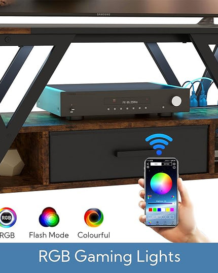 Yusong 65 inch LED TV Stand, Entertainment Center Gaming TV Table with Outlets, Up to 65" Media Console for Living Room, 29+DIY Dynamic RGB Modes, Rustic Brown and Black - LeafyLoom