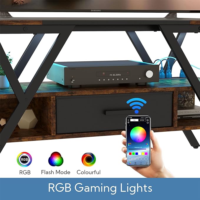 Yusong 65 inch LED TV Stand, Entertainment Center Gaming TV Table with Outlets, Up to 65" Media Console for Living Room, 29+DIY Dynamic RGB Modes, Rustic Brown and Black - LeafyLoom
