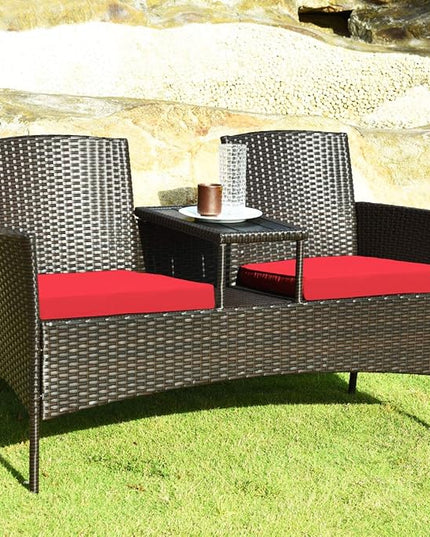 LUARANE Outdoor Rattan Sofas, Contract Patio Conversation Set Wicker Sofa Set with Built-in Coffee Table, Patio Furniture Set with Cushions, Rattan Loveseat for Lawn Backyard Garden (Brown+Red) - LeafyLoom