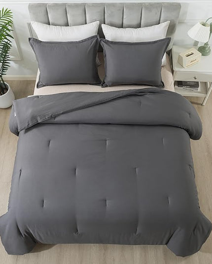 Dark Gray Comforter Set Full, Solid Grey Down Alternative Bedding Comforter Set, Breathable Fluffy Microfiber Comforter Full Size (79"x90") for All Seasons with Pillowcase - LeafyLoom