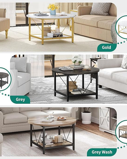 YITAHOME Round Coffee Table,Rustic Wood Coffee Tables for Living Room with Storage Shelf, Modern Farmhouse Circle Coffee Table Center with Sturdy Metal Legs Home Furniture, Gold and White - LeafyLoom