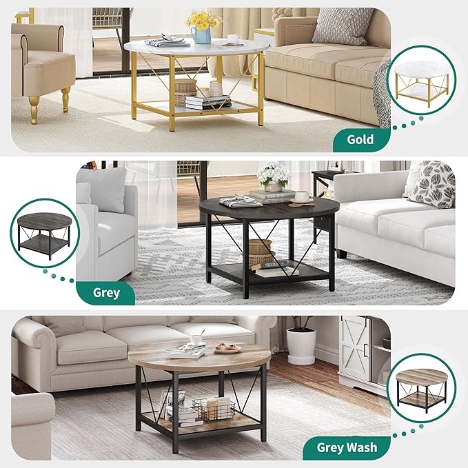 YITAHOME Round Coffee Table,Rustic Wood Coffee Tables for Living Room with Storage Shelf, Modern Farmhouse Circle Coffee Table Center with Sturdy Metal Legs Home Furniture, Gold and White - LeafyLoom