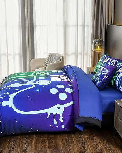 DORCAS Gamer Comforter Set with Sheets for Boys,Twin Size Gamer Bedding Set Boys,6 Pieces Graffiti Green Gaming Comforter Set for Boys Kids Teens(Green&Blue, Twin) - LeafyLoom