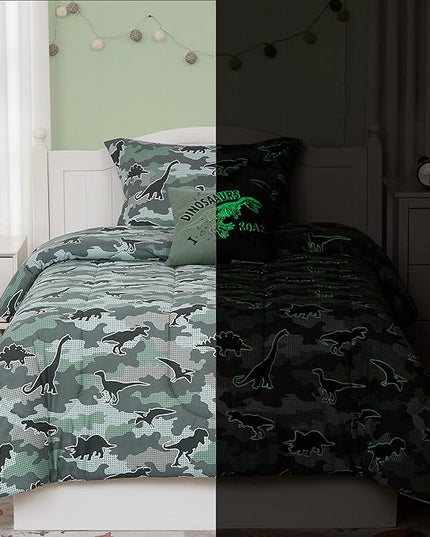 KALEIDOSPACE Kids Comforter Set Twin Size for Boys, Glow in The Dark Dinosaur Bedding Set Twin-1 Twin Comforter, 1 Decor Pillow, 1 Pillow Sham - LeafyLoom