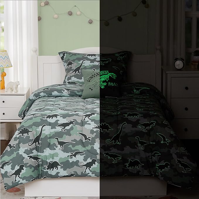 KALEIDOSPACE Kids Comforter Set Twin Size for Boys, Glow in The Dark Dinosaur Bedding Set Twin-1 Twin Comforter, 1 Decor Pillow, 1 Pillow Sham - LeafyLoom