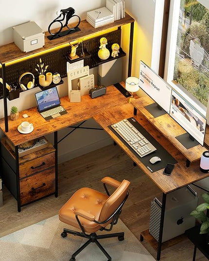 Yoobure L Shaped Desk with Pegboard, Reversible Gaming Desk with LED Lights & Power Outlets, Computer Desk with Drawers & Storage Shelves, Office Desk with Monitor Stand Corner Desk Home Office Desks - LeafyLoom