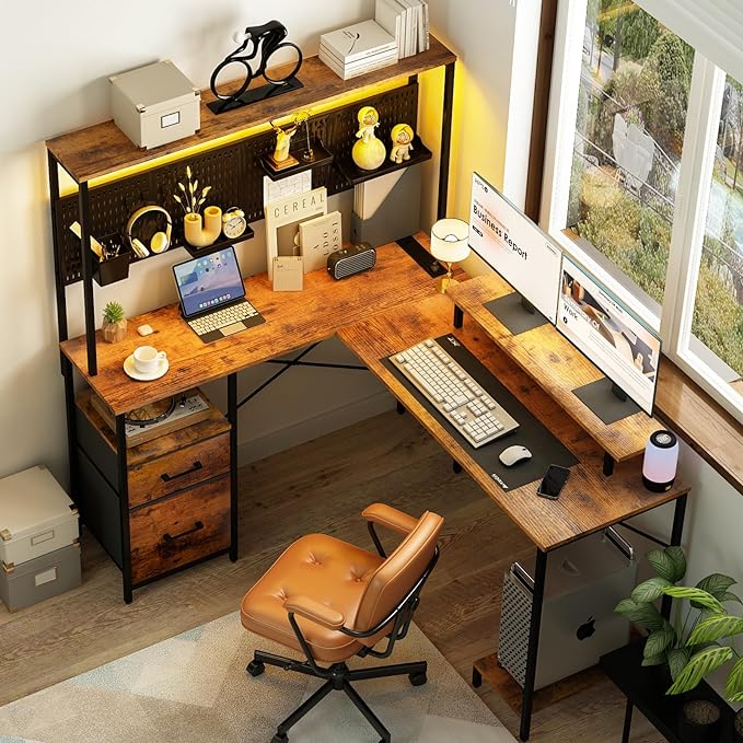 Yoobure L Shaped Desk with Pegboard, Reversible Gaming Desk with LED Lights & Power Outlets, Computer Desk with Drawers & Storage Shelves, Office Desk with Monitor Stand Corner Desk Home Office Desks - LeafyLoom