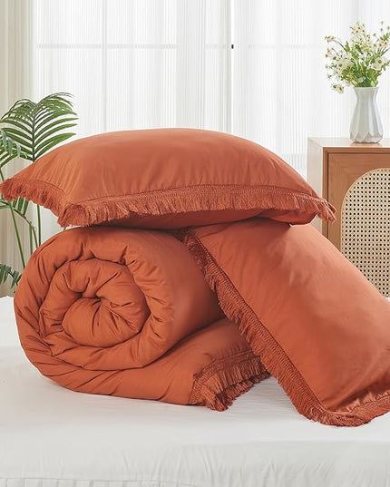 Litanika Terracotta Comforter Full Size, Boho Tassel Burnt Orange Comforter 3 Pieces, Rust Lightweight Fringe Bedding Set for All Season(1 Comforter 79x90 inch, 2 Pillowcases) - LeafyLoom