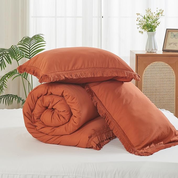 Litanika Terracotta Comforter Full Size, Boho Tassel Burnt Orange Comforter 3 Pieces, Rust Lightweight Fringe Bedding Set for All Season(1 Comforter 79x90 inch, 2 Pillowcases) - LeafyLoom
