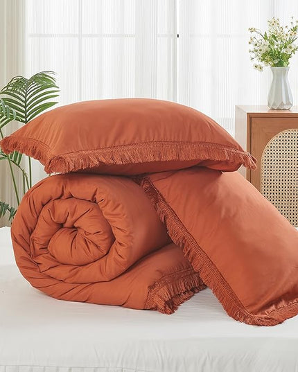 Litanika Terracotta Comforter King Size Set, Boho Tassel Burnt Orange Comforter Aesthetic 3 Pieces, Rust Lightweight Fringe Bedding Set for All Season(1 Comforter 104x90 inch, 2 Pillowcases) - LeafyLoom