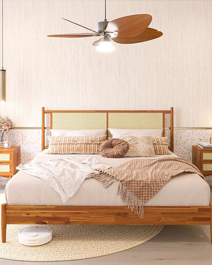 Bme Oliver King Bed Frame and Headboard - 15-Inch Signature Design with Rattan Headboard, Bohemian and Mid Century Style, 12-Slat Wood Support, No Box Spring Needed - Easy Assembly, Caramel - LeafyLoom