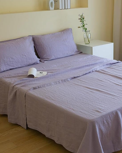Simple&Opulence 100% Linen Sheet Set Solid Color-4 Pcs Washed French Linen Bed Sheets(1 Flat Sheet,1 Fitted Sheet,2 Pillowcases)-Breathable Bedding Set(California King, Lilac) - LeafyLoom