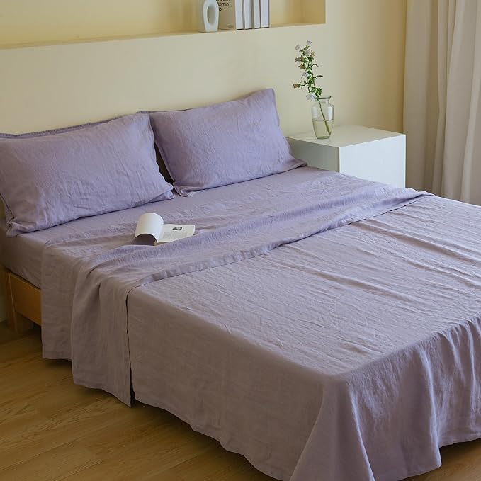 Simple&Opulence 100% Linen Sheet Set Solid Color-4 Pcs Washed French Linen Bed Sheets(1 Flat Sheet,1 Fitted Sheet,2 Pillowcases)-Breathable Bedding Set(California King, Lilac) - LeafyLoom