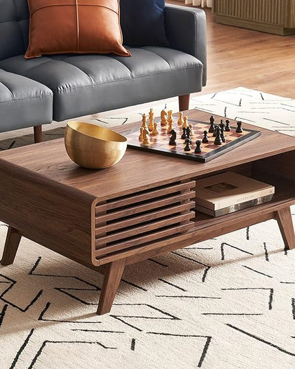 mopio Ensley Coffee Table, Mid Century Modern Table with Storage, Farmhouse Wood Coffee Table for Living Room Fluted (Walnut) - LeafyLoom