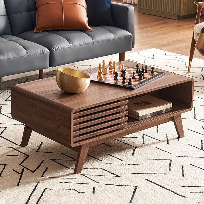 mopio Ensley Coffee Table, Mid Century Modern Table with Storage, Farmhouse Wood Coffee Table for Living Room Fluted (Walnut) - LeafyLoom