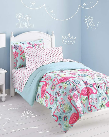 dream FACTORY Kids 7-Piece Complete Set Easy-Wash Super Soft Microfiber Comforter Bedding, Full, Pink Flamingo - LeafyLoom