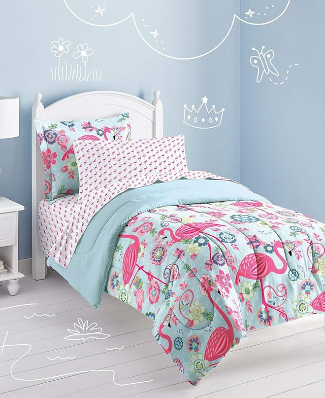 dream FACTORY Kids 7-Piece Complete Set Easy-Wash Super Soft Microfiber Comforter Bedding, Full, Pink Flamingo - LeafyLoom