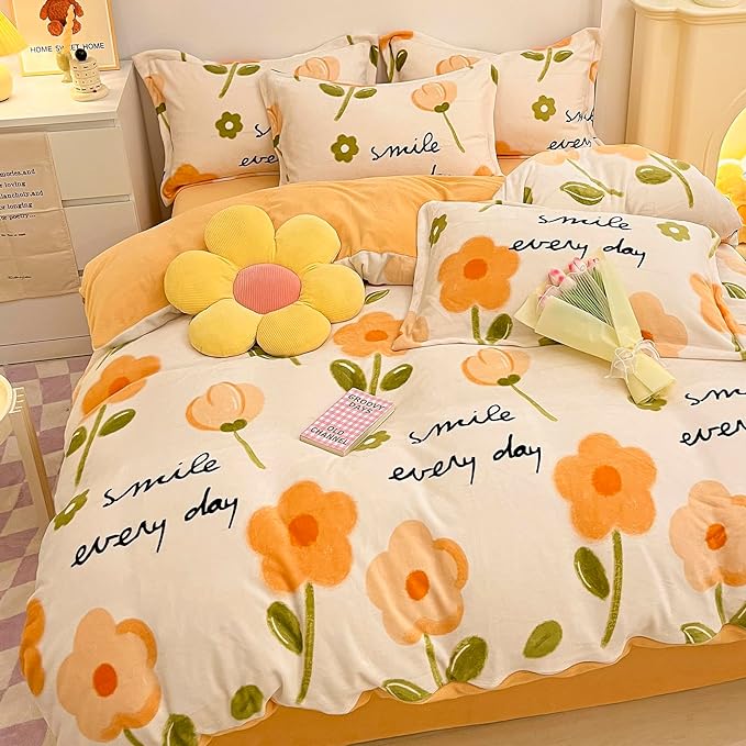 MorroMorn Twin Bedding Sets, Orange Floral Duvet Cover Set, Fluffy Comforter Covers Blanket Ultra Soft Cute Flowers for Girls Kids Toddler Teen Preppy Dorm Twin/Twin XL Size - LeafyLoom