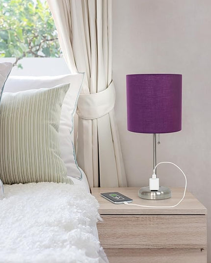 Simple Designs LT1144-PRP Sleek and Slender Brushed Steel Table Lamp with Charging Outlet, for Bedroom, Living Room, Entryway, Office, Dining Room, Study, Purple Shade - LeafyLoom
