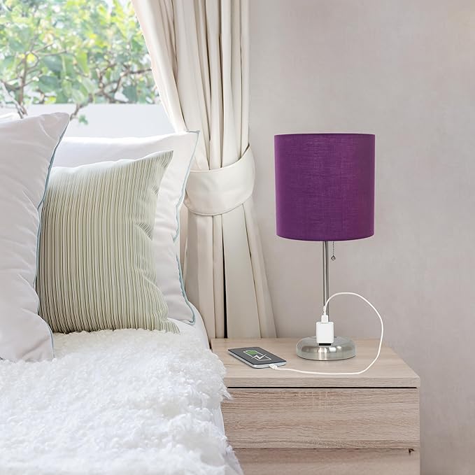 Simple Designs LT1144-PRP Sleek and Slender Brushed Steel Table Lamp with Charging Outlet, for Bedroom, Living Room, Entryway, Office, Dining Room, Study, Purple Shade - LeafyLoom