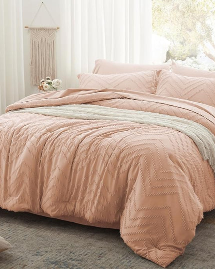 Anluoer Full Comforter Set, Pink Tufted Bed in a Bag 7 Pieces with comforters and sheets, All Season Bedding Sets with 1 Comforter, 2 PillowShams, 2 Pillowcases, 1 Flat Sheet, 1 Fitted Sheet - LeafyLoom