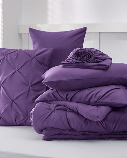 Bedsure King Size Comforter Set - Bedding Set King 7 Pieces, Pintuck Bed in a Bag Purple Bed Set with Comforter, Sheets, Pillowcases & Shams - LeafyLoom