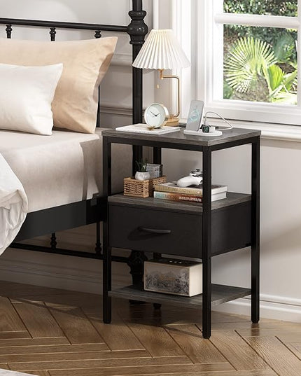 SUPERJARE Nightstand Set of 2, Bed Side Tables with Charging Station, Adjustable Fabric Drawer, Night Stand for Bedroom, 3-Tier Storage End Tables, for Living Room - Charcoal Gray - LeafyLoom