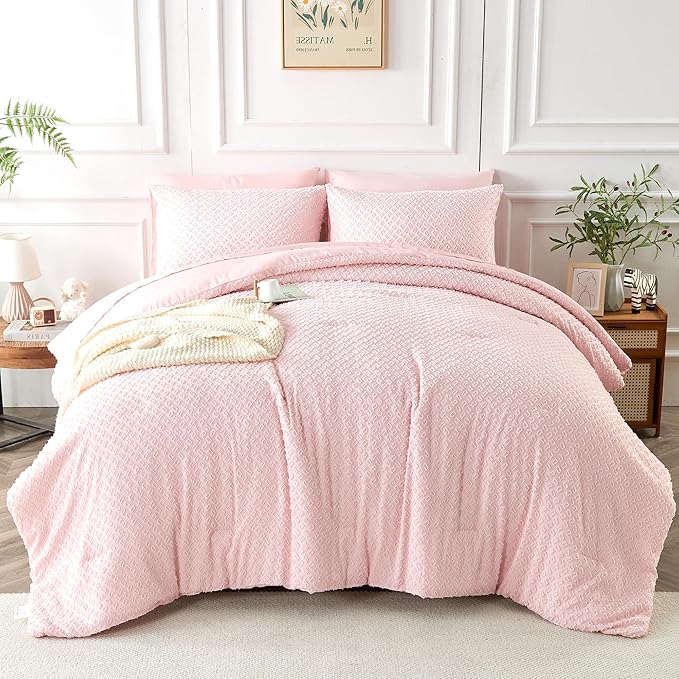 Queen Size Tufted Kids Comforter Set 7 Piece Pink Jacquard Tufts Embroidery Bedding Set for Boys Girls Bed in A Bag Quilt with 1 Comforter, 1 Flat Sheet, 1 Fitted Sheet, 2 Pillowcase and 2 Pillow Sham - LeafyLoom