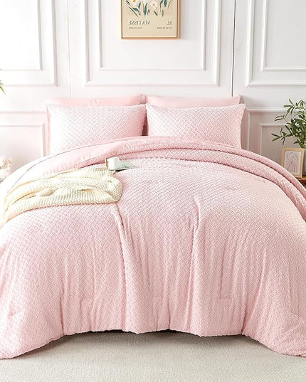 Twin Size Tufted Kids Comforter Set 6 Piece Pink Jacquard Tufts Embroidery Bedding Set for Girls Bed in A Bag Quilt with 1 Comforter, 1 Flat Sheet, 1 Fitted Sheet, 1 Pillowcase and 2 Pillow Sham - LeafyLoom