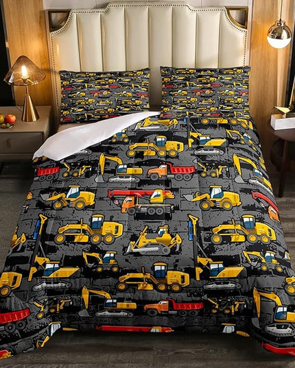 Kids Tractor Bedding Sets For Boys Toddler Twin,Under Construction Trucks Bedding Comforter Set,Equipment Excavator Bedding Cartoon Vehicle Cars Bed Set For Child Room Decor Yellow Dark Grey 2 Pcs - LeafyLoom