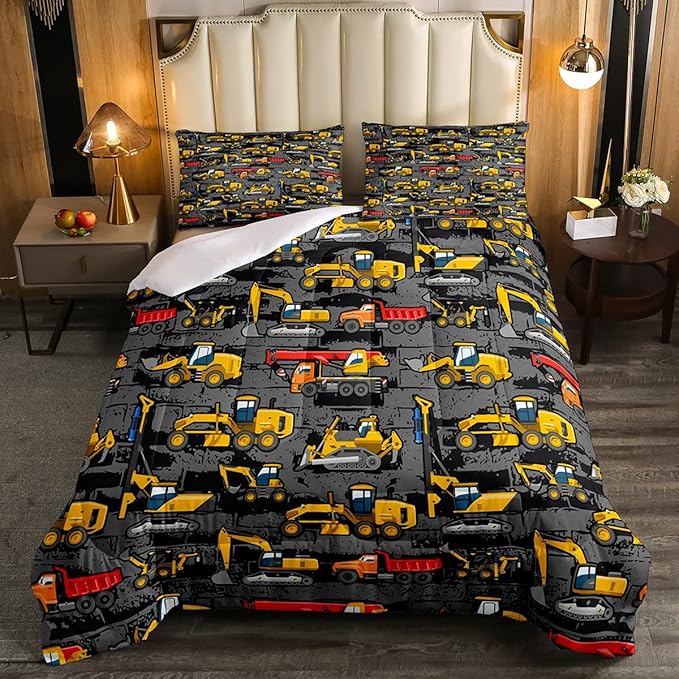 Kids Tractor Bedding Sets For Boys Toddler Twin,Under Construction Trucks Bedding Comforter Set,Equipment Excavator Bedding Cartoon Vehicle Cars Bed Set For Child Room Decor Yellow Dark Grey 2 Pcs - LeafyLoom