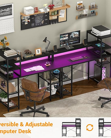 Cyclysio Gaming Desk with LED Light, 47 inch Computer Desk with Storage Shelves, Adjustable Home Office Desk with Power Outlets, Computer Gaming Desk with Long Monitor Stand for Small Space, Black - LeafyLoom
