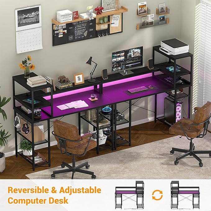 Cyclysio Gaming Desk with LED Light, 47 inch Computer Desk with Storage Shelves, Adjustable Home Office Desk with Power Outlets, Computer Gaming Desk with Long Monitor Stand for Small Space, Black - LeafyLoom