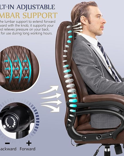 Big and Tall Office Chair 500lbs, Heavy Duty Executive Desk Chair with Adjustable Lumbar Support, Comfy Padded Cushion, Ergonomic PU Leather Home Computer Chair with Extra Wide Seat, Brown - LeafyLoom