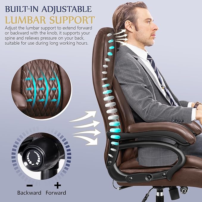 Big and Tall Office Chair 500lbs, Heavy Duty Executive Desk Chair with Adjustable Lumbar Support, Comfy Padded Cushion, Ergonomic PU Leather Home Computer Chair with Extra Wide Seat, Brown - LeafyLoom