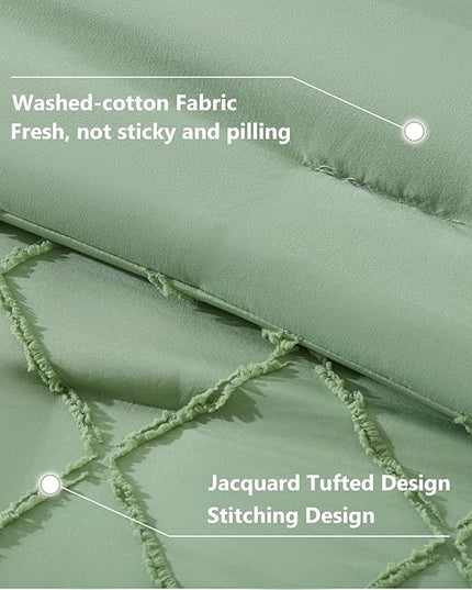 Boho Sage Green Comforter Set with Jacquard Tufted Design,Shabby Chic Bedding Sets for All Seasons,5 Pieces Twin Dorm Bed in a Bag Comforter,Flat Sheet,Fitted Sheet,Pillowcases & Shams - LeafyLoom
