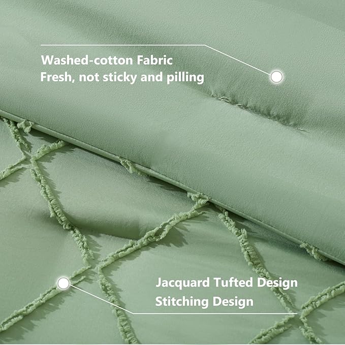 Boho Sage Green Comforter Set with Jacquard Tufted Design,Shabby Chic Bedding Sets for All Seasons,5 Pieces Twin Dorm Bed in a Bag Comforter,Flat Sheet,Fitted Sheet,Pillowcases & Shams - LeafyLoom