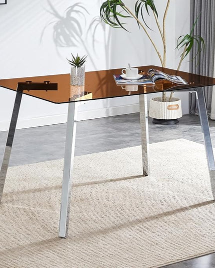 NicBex 51Inch Rectangular Dining Table,Modern Kitchen Table with Tempered Glass Tabletop and Silver Metal Legs for 4 to 6,Dining Room Table for Kitchen,Meeting Room and Living Room,Easy Clean,Brown - LeafyLoom