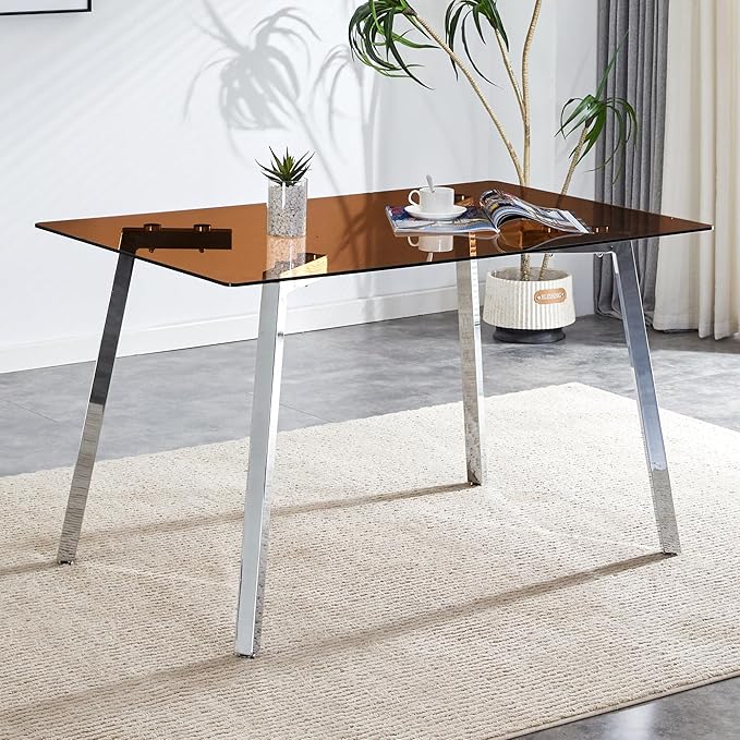 NicBex 51Inch Rectangular Dining Table,Modern Kitchen Table with Tempered Glass Tabletop and Silver Metal Legs for 4 to 6,Dining Room Table for Kitchen,Meeting Room and Living Room,Easy Clean,Brown - LeafyLoom