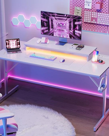 Bestier Small Gaming Desk with Power Outlets and USB Charging Ports, 52 inch Computer Desk with LED Lights and Monitor Stand, Gamer Desk for Home Office, Easy to Assemble, Carbon Fiber White - LeafyLoom