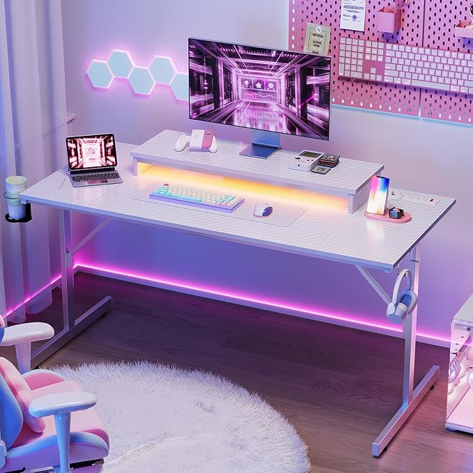 Bestier Small Gaming Desk with Power Outlets and USB Charging Ports, 52 inch Computer Desk with LED Lights and Monitor Stand, Gamer Desk for Home Office, Easy to Assemble, Carbon Fiber White - LeafyLoom