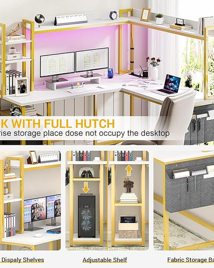 Aheaplus L Shaped Desk with Power Outlet, L Shaped Gaming Desk with Led Light & Hutch, Reversible Home Office Desk, Corner Computer Desk Writing Desk with Monitor Stand & Storage Shelf, White+Gold - LeafyLoom
