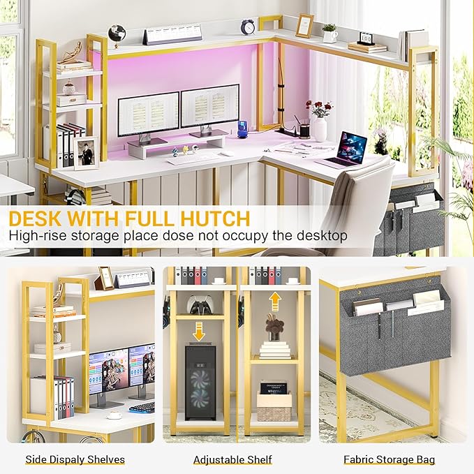 Aheaplus L Shaped Desk with Power Outlet, L Shaped Gaming Desk with Led Light & Hutch, Reversible Home Office Desk, Corner Computer Desk Writing Desk with Monitor Stand & Storage Shelf, White+Gold - LeafyLoom