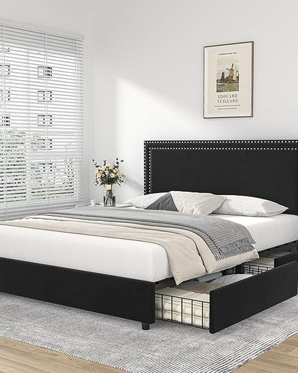 VECELO Queen Size Upholstered Platform Bed Frame with 4 Storage Drawers, Adjustable Velvet Rivets Headboard, Wooden Slats Support, No Box Spring Needed, Easy Assembly - LeafyLoom